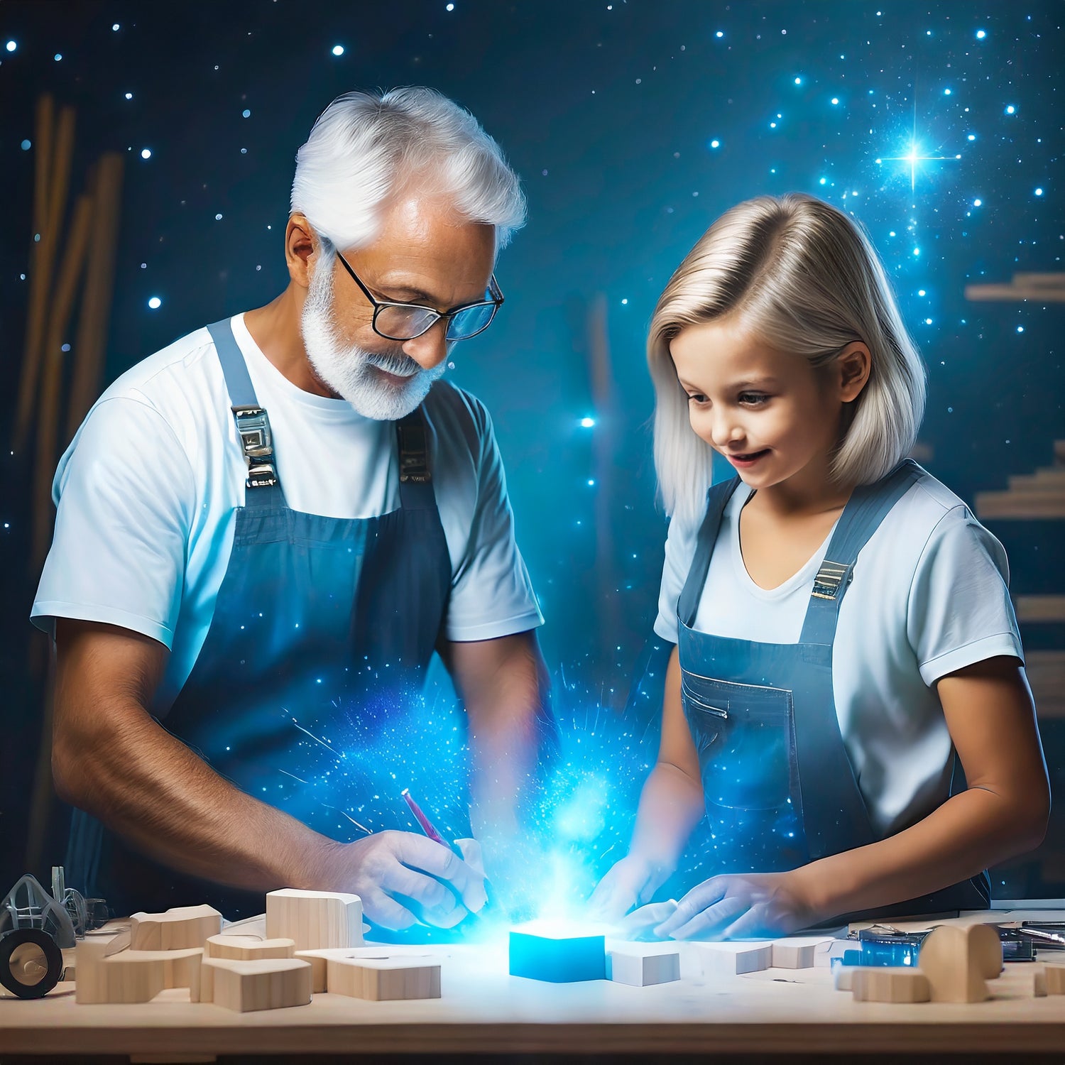 wooden DIY 3D puzzle beginners in a workshop supervised by older carpenter to craft wooden models, for childr