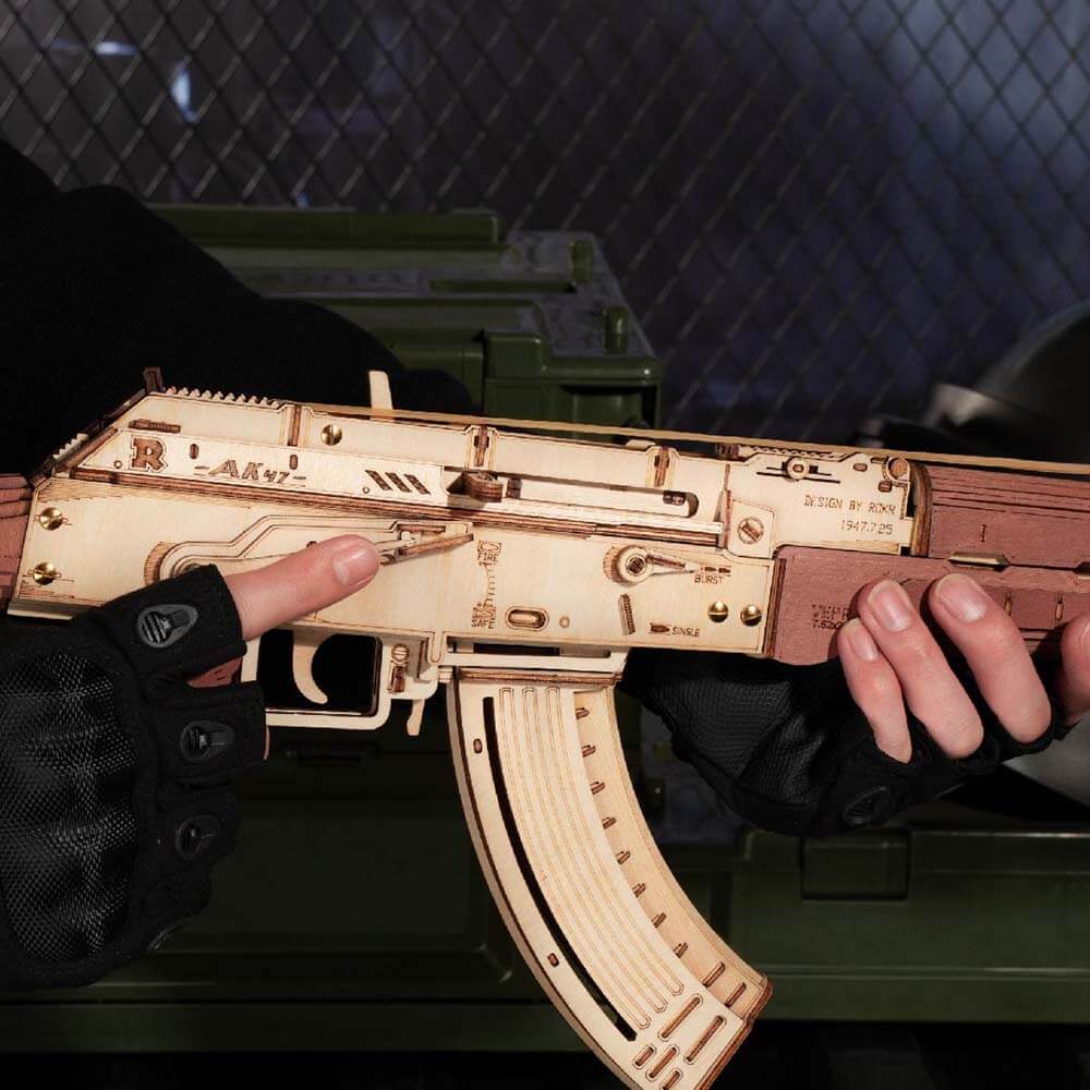 Birch Wood AK‑Style Rubber Band Gun Kit (Natural/Brown) — DIY No‑Glue Build