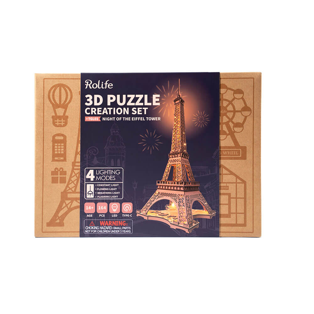 Night of the Eiffel Tower — Rusty Brown Wooden Model Kit, LED Light