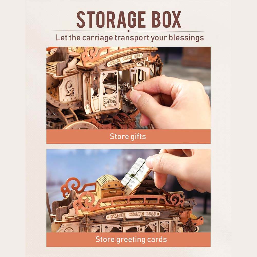 Stagecoach Mechanical Music Box — Beige/Brown Laser-Cut Wood, Wind-Up, Squirrel Figure