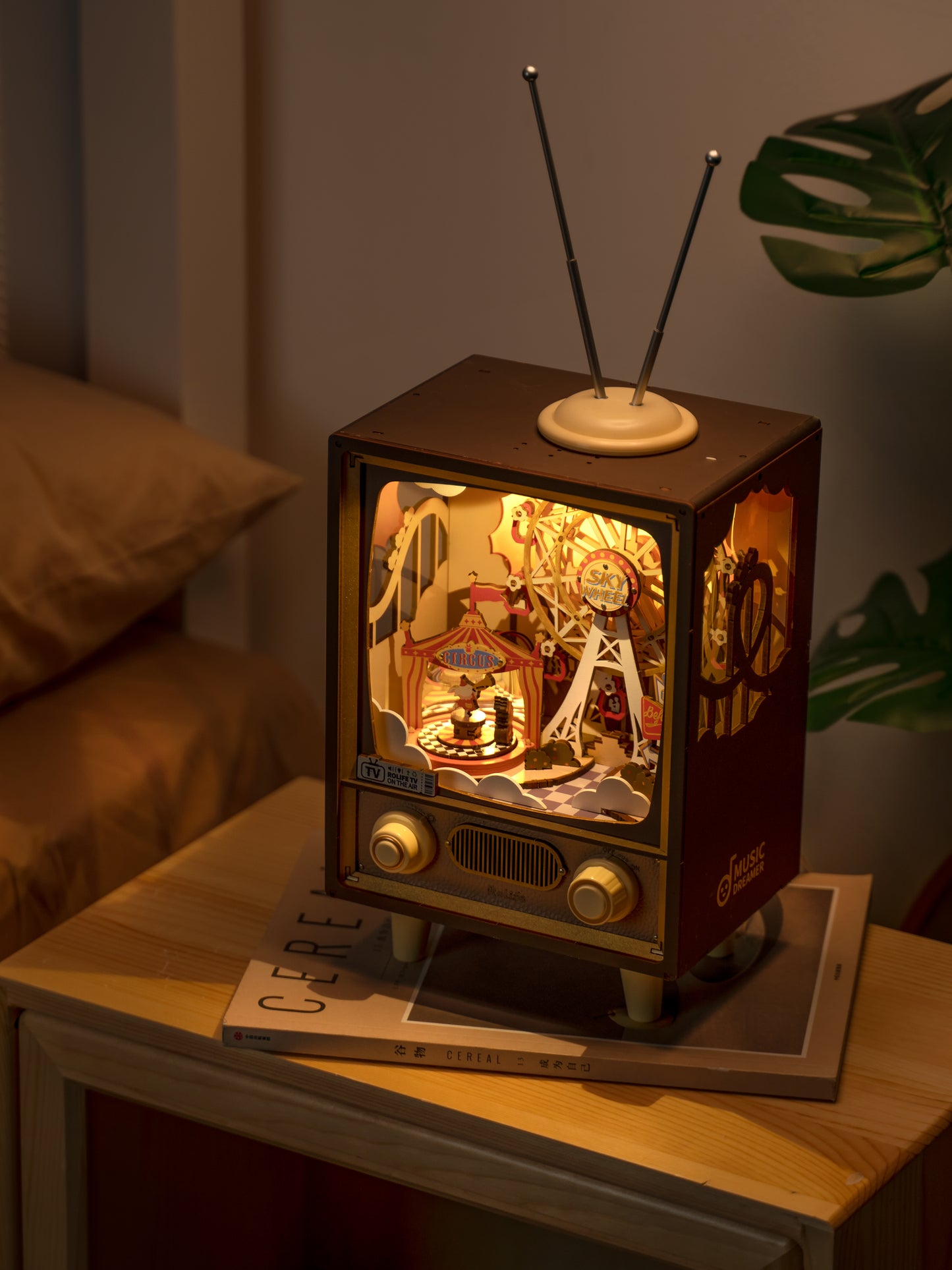 Sunset Carnival Wood Music Box Night Light — Retro TV Carnival Scene