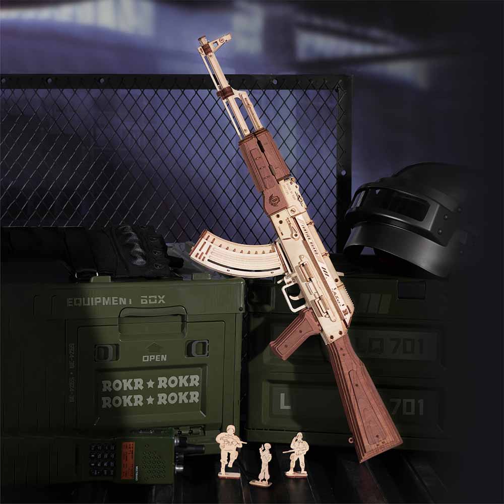 Birch Wood AK‑Style Rubber Band Gun Kit (Natural/Brown) — DIY No‑Glue Build