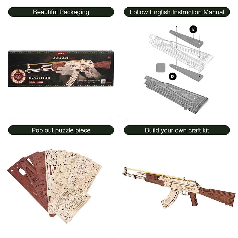 Birch Wood AK‑Style Rubber Band Gun Kit (Natural/Brown) — DIY No‑Glue Build