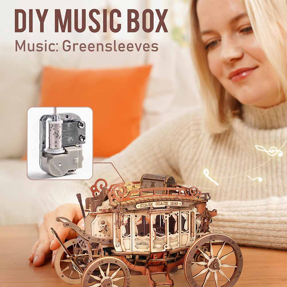 Stagecoach Mechanical Music Box — Beige/Brown Laser-Cut Wood, Wind-Up, Squirrel Figure