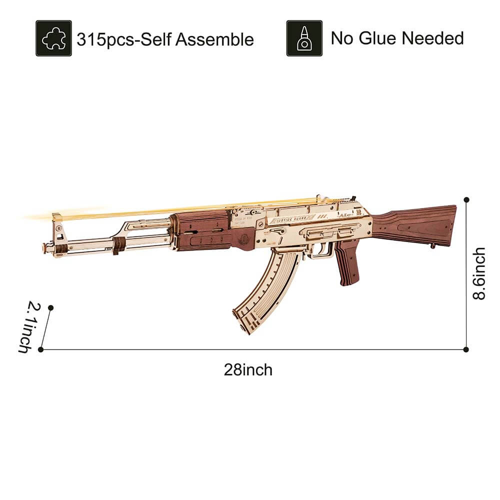 Birch Wood AK‑Style Rubber Band Gun Kit (Natural/Brown) — DIY No‑Glue Build