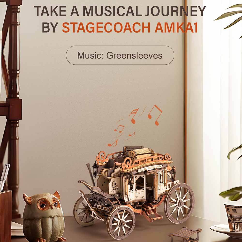 Stagecoach Mechanical Music Box — Beige/Brown Laser-Cut Wood, Wind-Up, Squirrel Figure