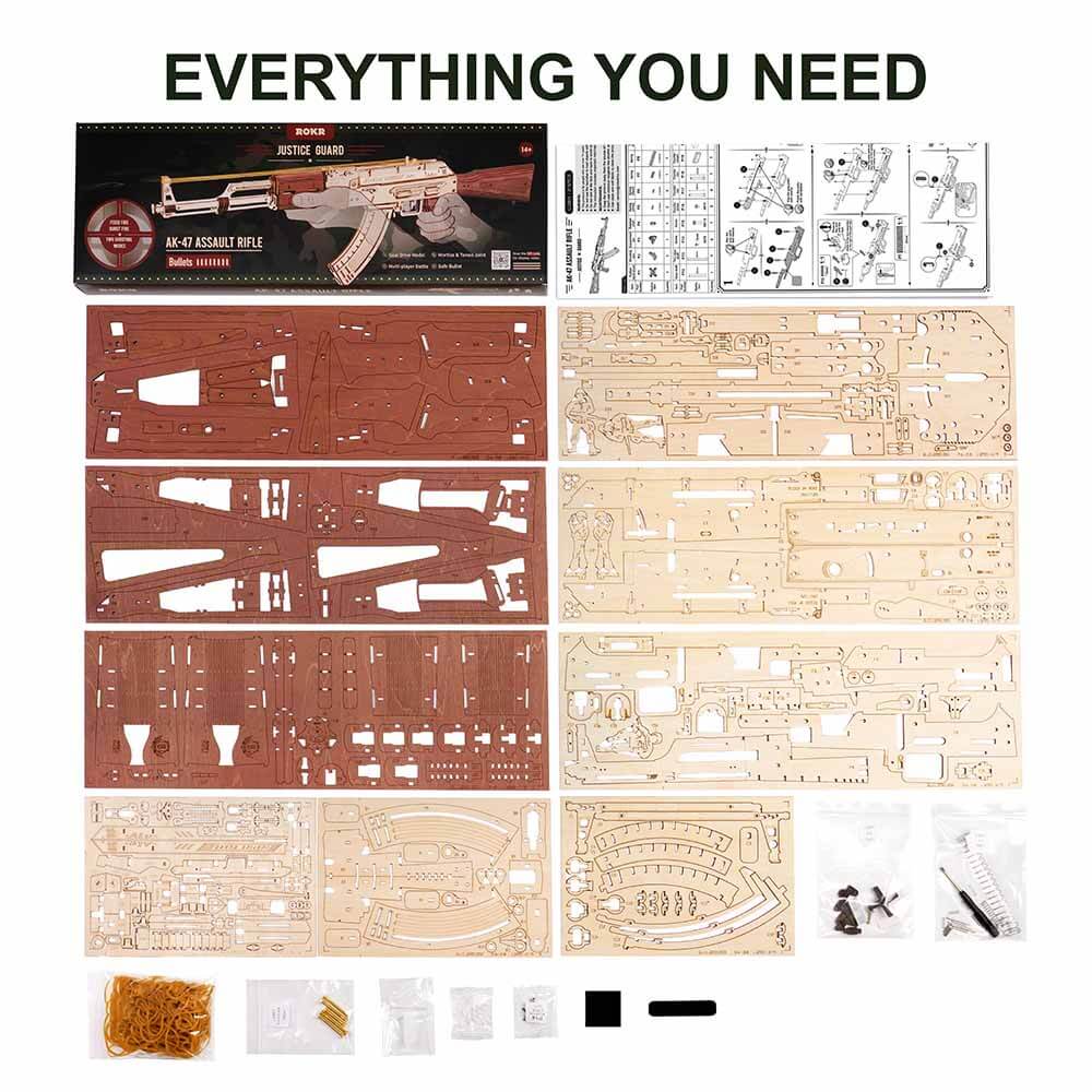 Birch Wood AK‑Style Rubber Band Gun Kit (Natural/Brown) — DIY No‑Glue Build