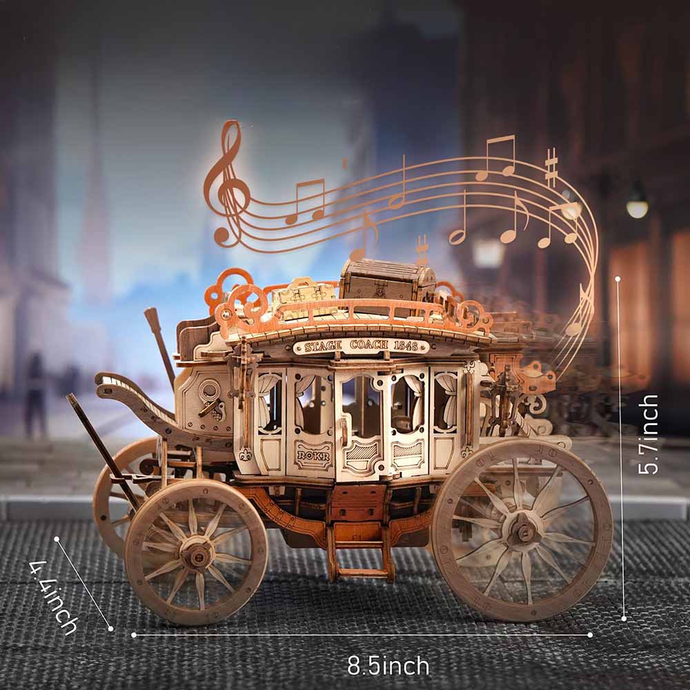 Stagecoach Mechanical Music Box — Beige/Brown Laser-Cut Wood, Wind-Up, Squirrel Figure