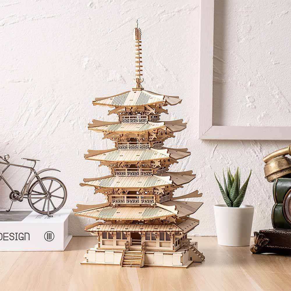 Five-Storied Pagoda Wooden Model Kit — Plywood DIY Pagoda (Light Brown)