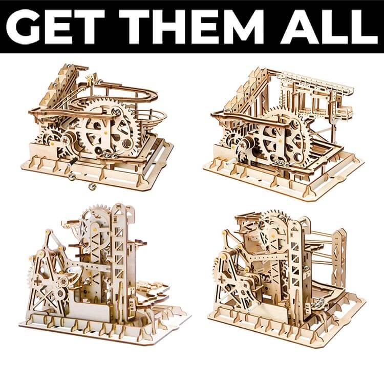 Marble Run Bundle — 4 Laser-Cut Wooden Kinetic Models (Natural Light Beige)
