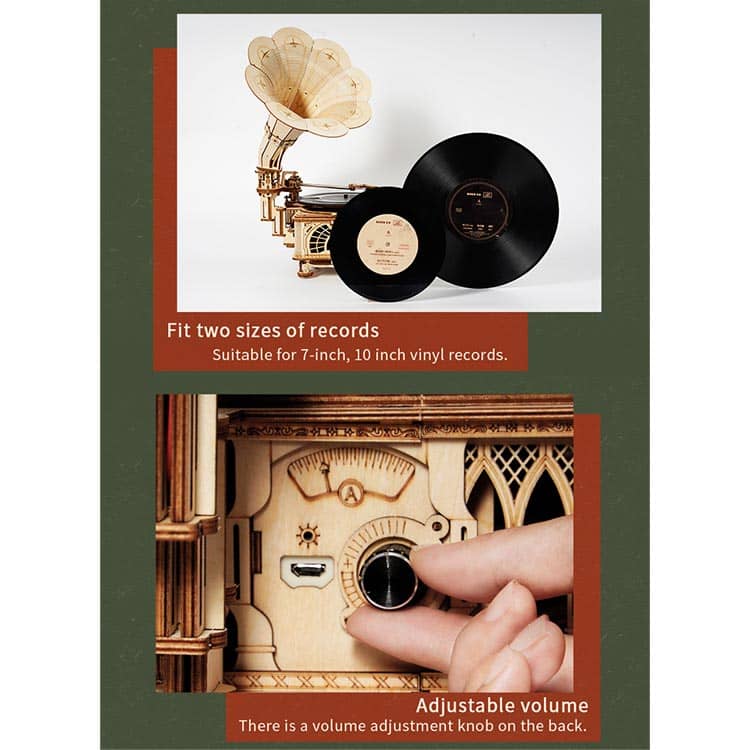 Classic Gramophone Model Kit — Light Wood Plywood Wind‑Up Record Player (7" & 10")