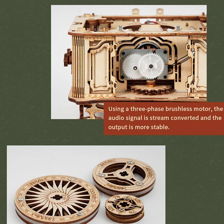 Classic Light Wood Gramophone Kit — USB Motor, Plywood, 424 pcs