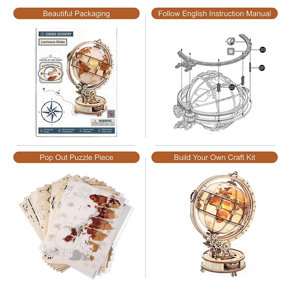 Luminous Globe — Plywood Tabletop Lamp (Brown & Orange, 180 pcs)