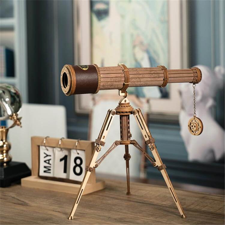 Wooden Telescope DIY Model — 294‑Piece Plywood Tabletop Telescope, Natural Brown