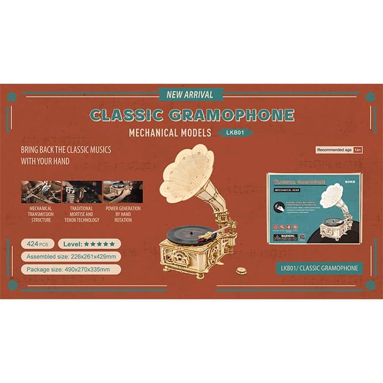 Classic Gramophone Model Kit — Light Wood Plywood Wind‑Up Record Player (7" & 10")