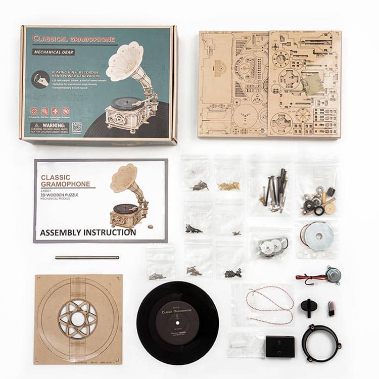 Classic Gramophone Model Kit — Light Wood Plywood Wind‑Up Record Player (7" & 10")