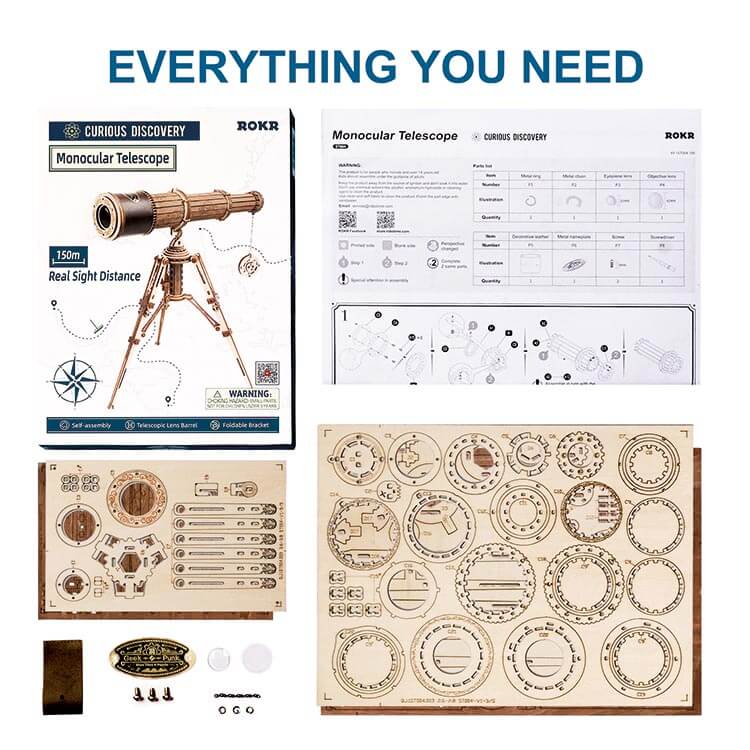 Wooden Telescope DIY Model — 294‑Piece Plywood Tabletop Telescope, Natural Brown