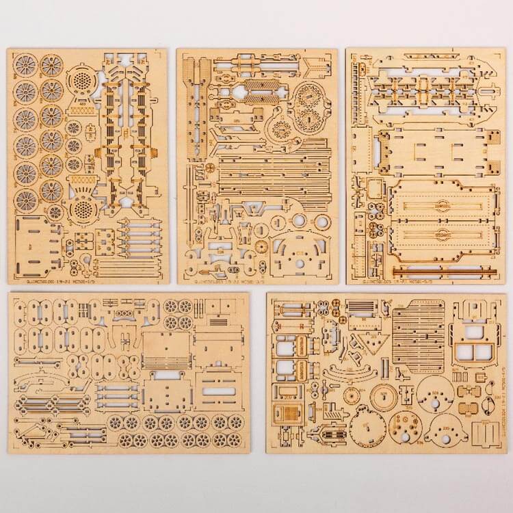 1:80 Wooden Steam Locomotive & Tender Kit — Natural Plywood, 308 Pieces