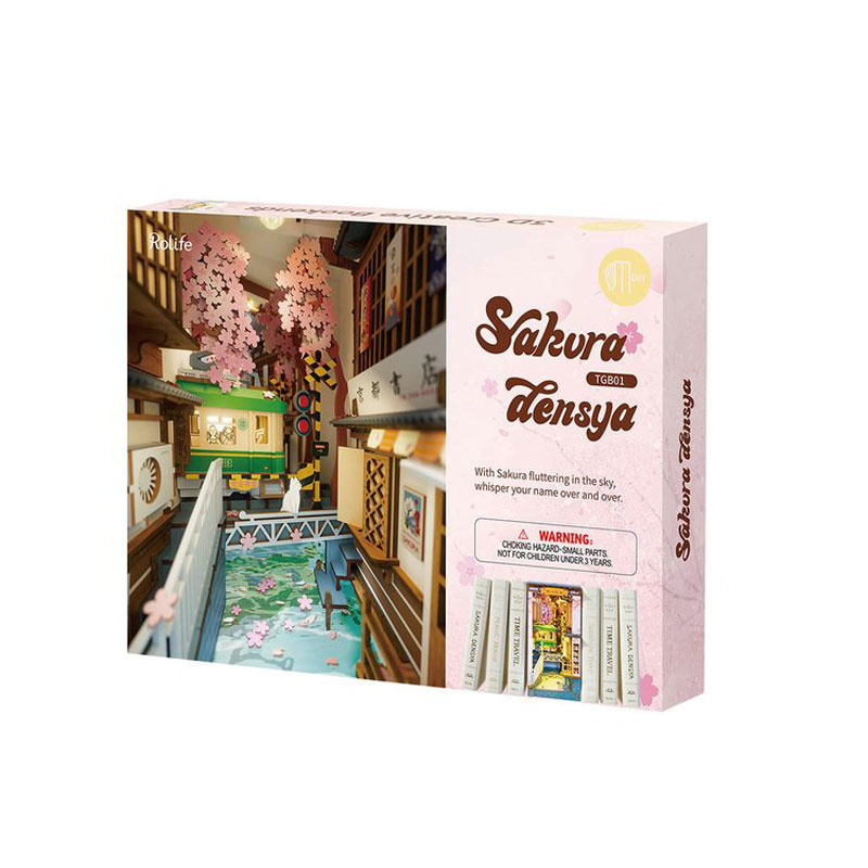 Sakura Densya — Japanese Miniature Bookshelf Diorama (Wood & Paper, Pastel Pink)