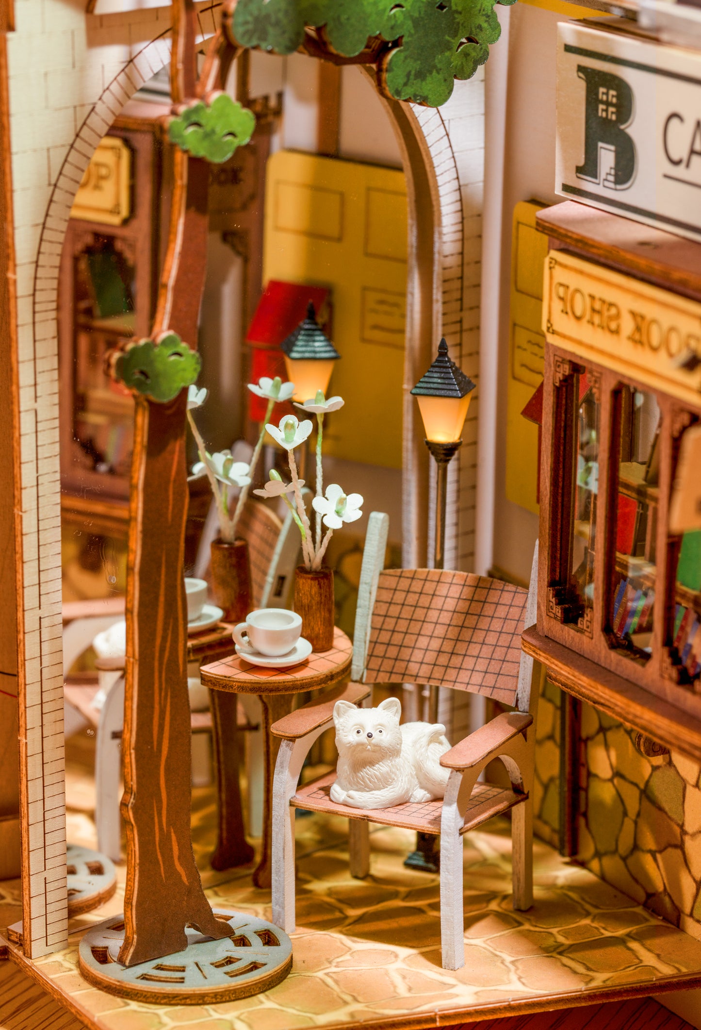 Sunshine Town Miniature Diorama — Lighted Paperboard & Wood Bookshelf Scene