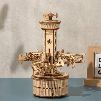 Air-Control Tower Music Box — Birch Plywood Wind‑Up Model with Moving Airplanes