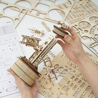 Air-Control Tower Music Box — Birch Plywood Wind‑Up Model with Moving Airplanes
