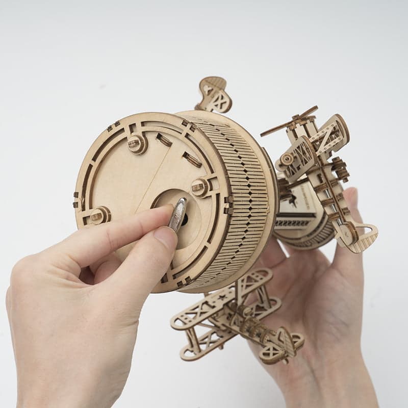 Air-Control Tower Music Box — Birch Plywood Wind‑Up Model with Moving Airplanes