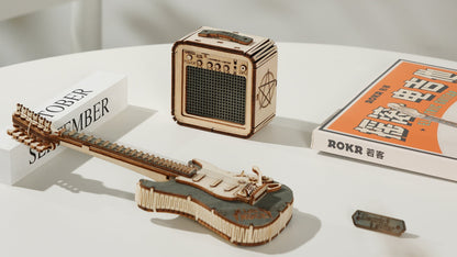 Natural Wood Electric Guitar Model Kit with Amp — Plywood, 289 Pieces