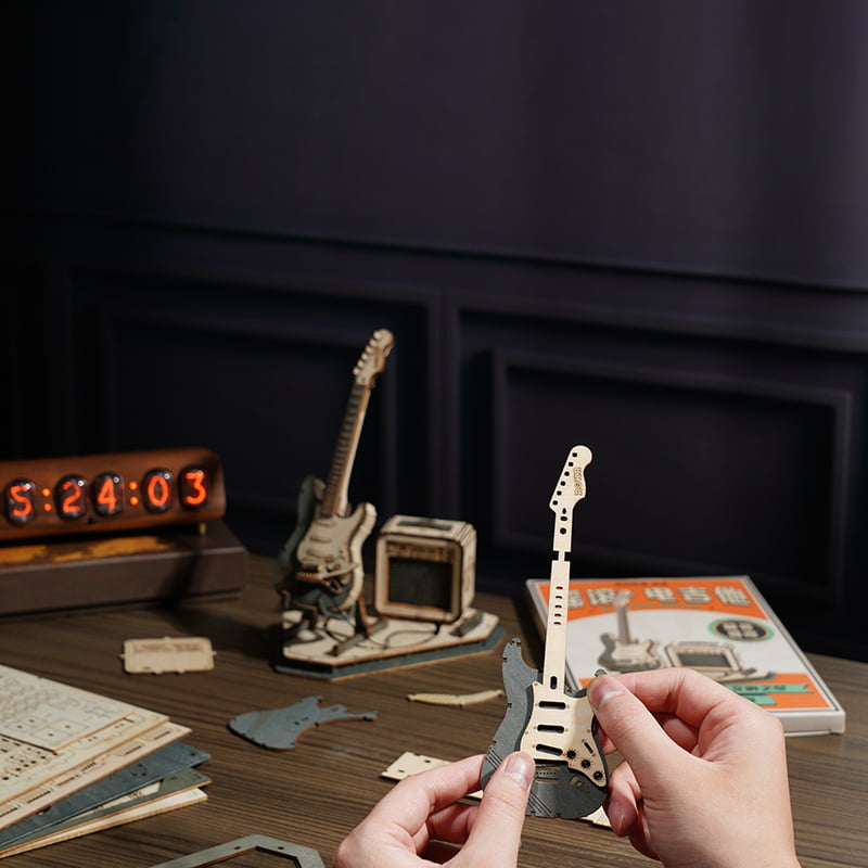 Natural Wood Electric Guitar Model Kit with Amp — Plywood, 289 Pieces