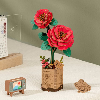 Red Camellia Wooden Assembly Model – Educational Decorative Kit