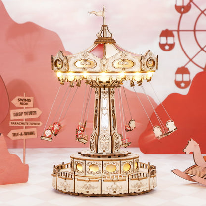 Swing Ride — Vintage Carousel Plywood Model Kit (Red • Beige • Gold)