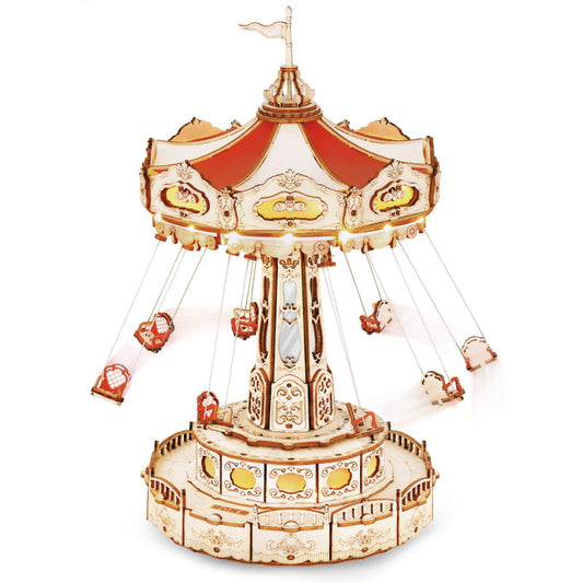 Swing Ride — Vintage Carousel Plywood Model Kit (Red • Beige • Gold)