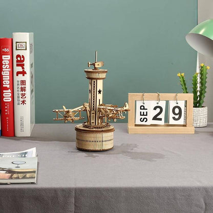 Air-Control Tower Music Box — Birch Plywood Wind‑Up Model with Moving Airplanes