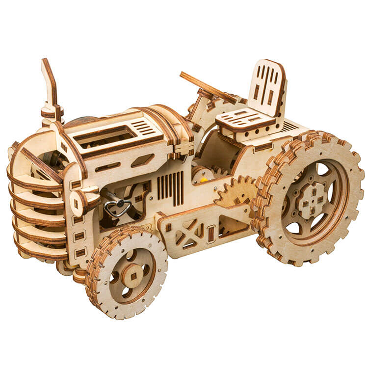 Natural Wood Tractor Model Kit — Plywood, Wind‑Up Tension Spring