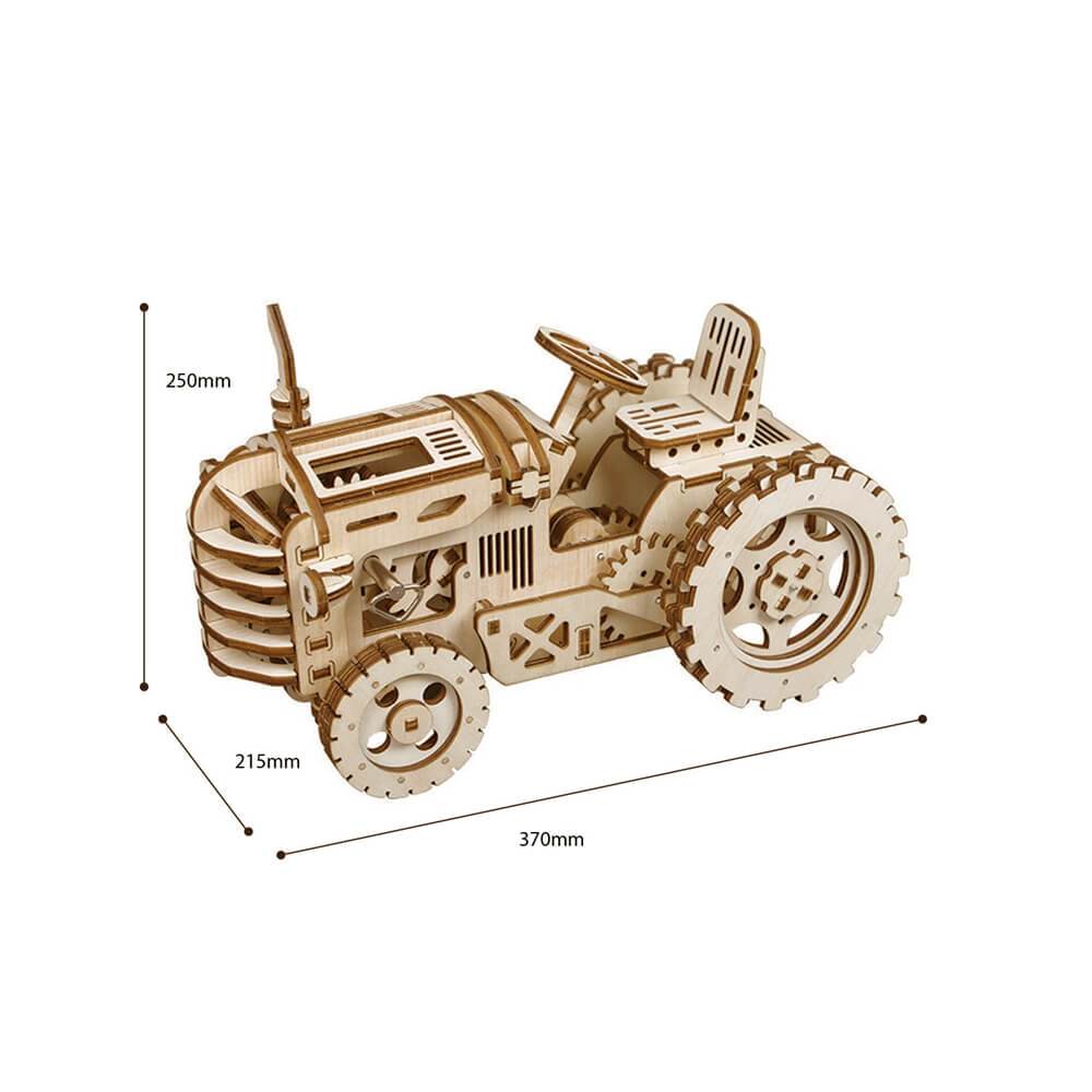 Natural Wood Tractor Model Kit — Plywood, Wind‑Up Tension Spring