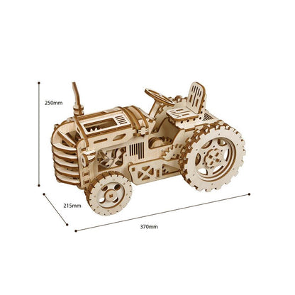 Natural Wood Tractor Model Kit — Plywood, Wind‑Up Tension Spring