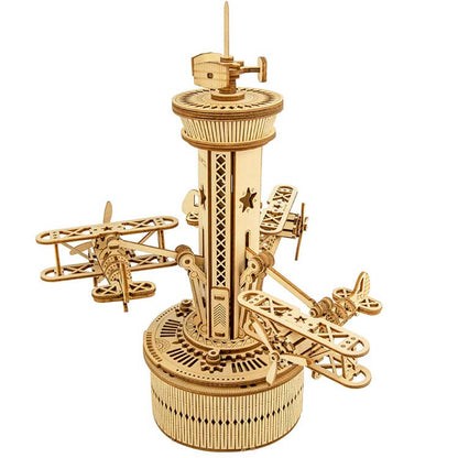 Air-Control Tower Music Box — Birch Plywood Wind‑Up Model with Moving Airplanes