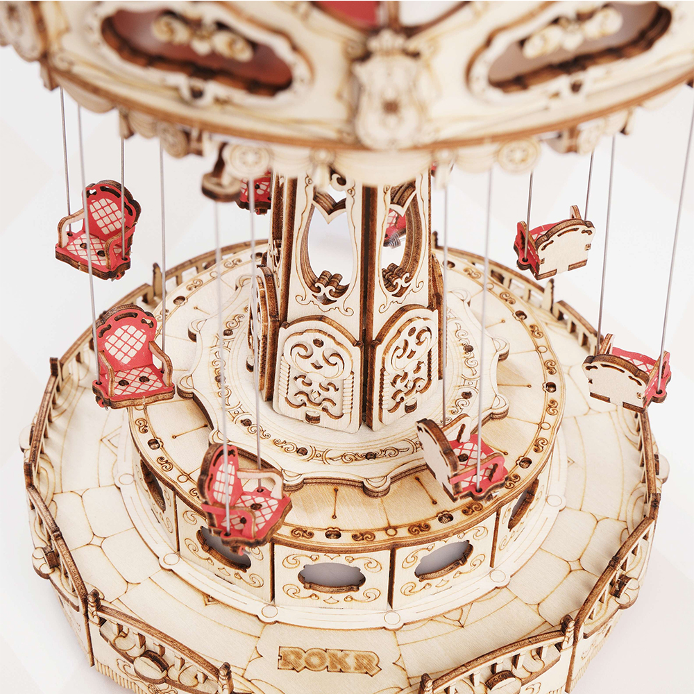 Swing Ride — Vintage Carousel Plywood Model Kit (Red • Beige • Gold)