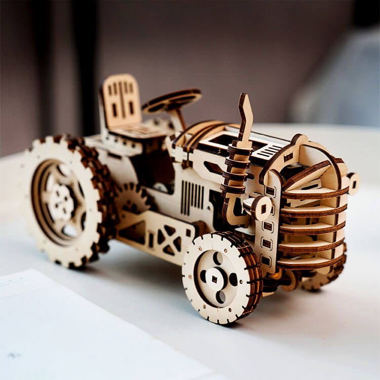 Natural Wood Tractor Model Kit — Plywood, Wind‑Up Tension Spring