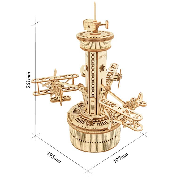 Air-Control Tower Music Box — Birch Plywood Wind‑Up Model with Moving Airplanes