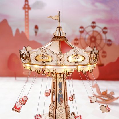 Swing Ride — Vintage Carousel Plywood Model Kit (Red • Beige • Gold)