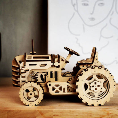 Natural Wood Tractor Model Kit — Plywood, Wind‑Up Tension Spring