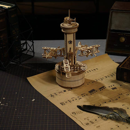 Air-Control Tower Music Box — Birch Plywood Wind‑Up Model with Moving Airplanes