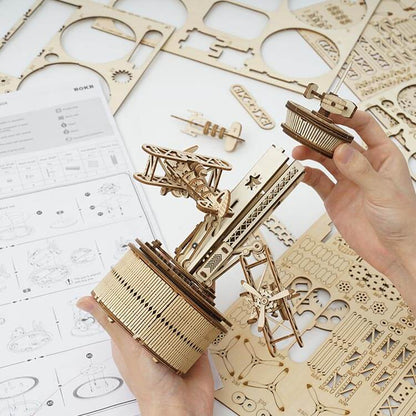 Air-Control Tower Music Box — Birch Plywood Wind‑Up Model with Moving Airplanes
