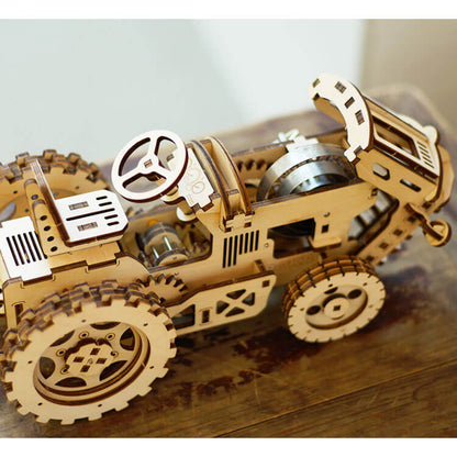 Natural Wood Tractor Model Kit — Plywood, Wind‑Up Tension Spring
