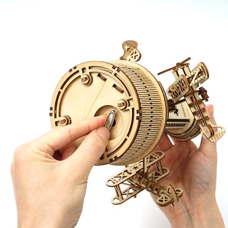 Air-Control Tower Music Box — Birch Plywood Wind‑Up Model with Moving Airplanes