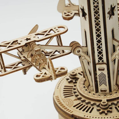 Air-Control Tower Music Box — Birch Plywood Wind‑Up Model with Moving Airplanes