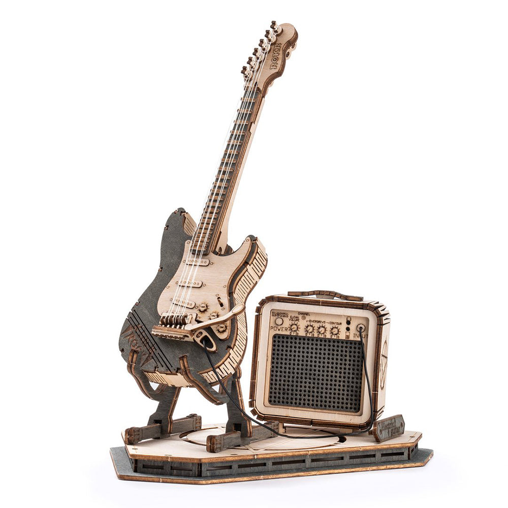 Natural Wood Electric Guitar Model Kit with Amp — Plywood, 289 Pieces